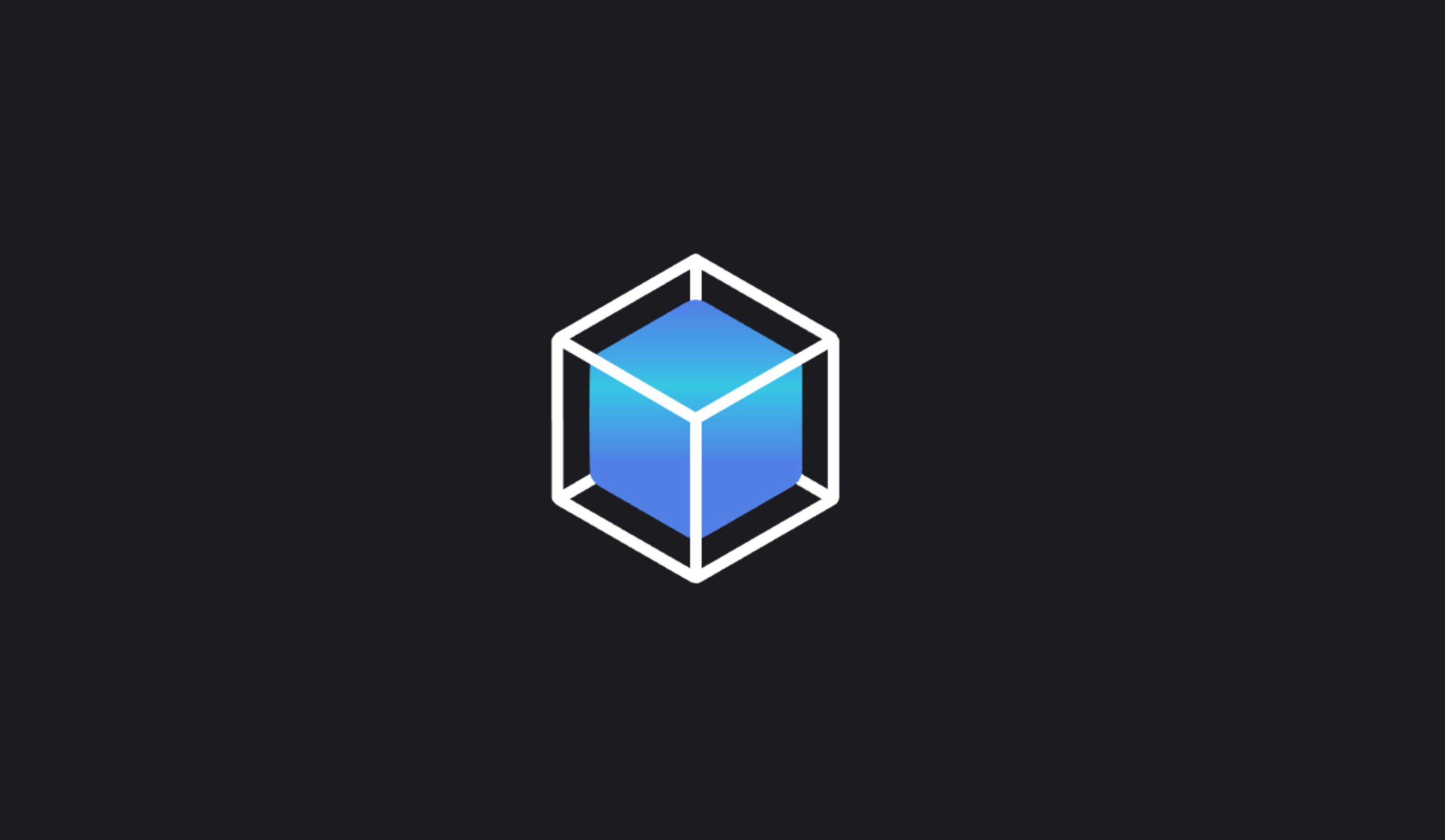 A glowing blue three-dimensional cube icon on a dark background
