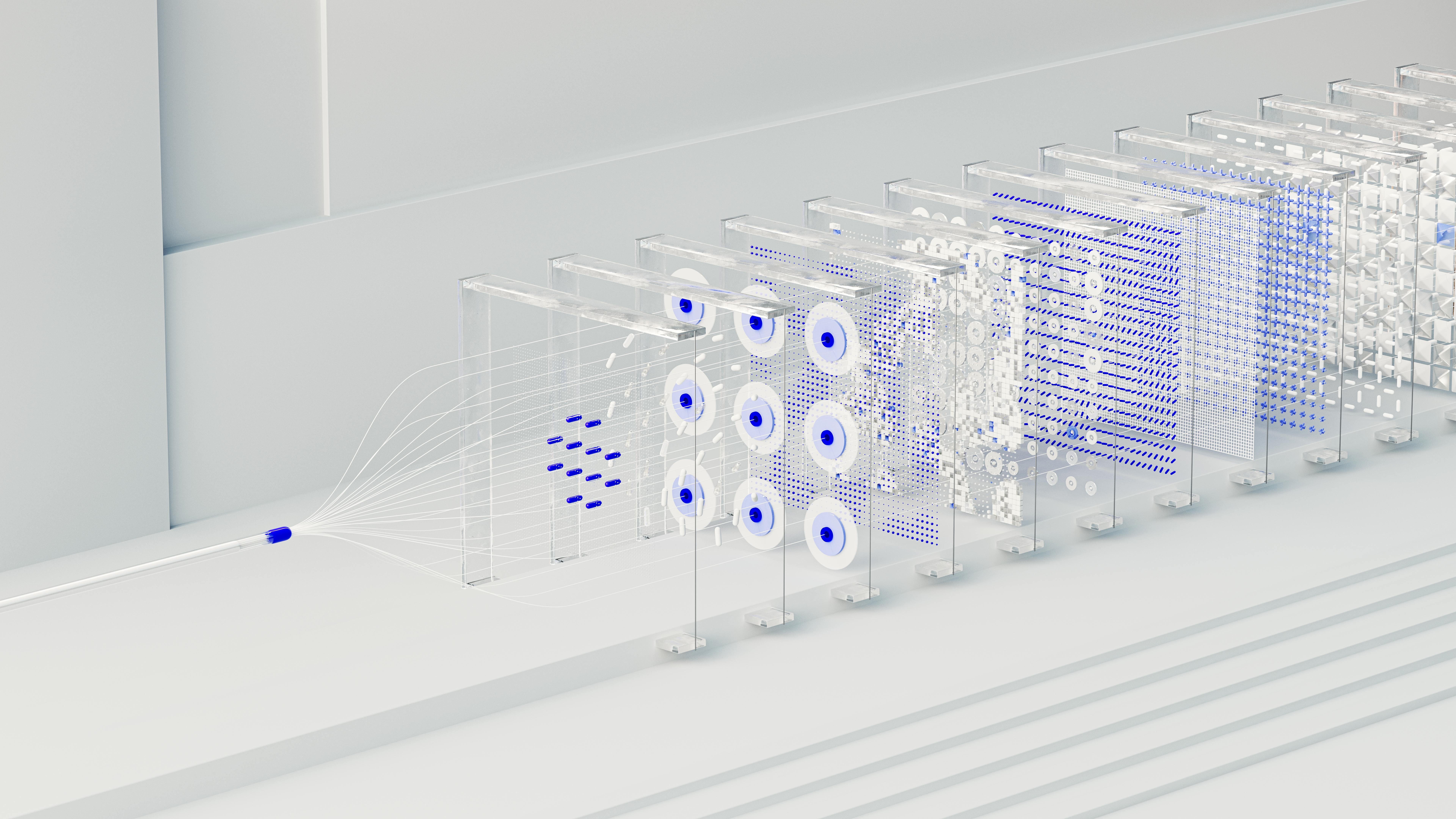 Abstract render of translucent server racks receding through a white space