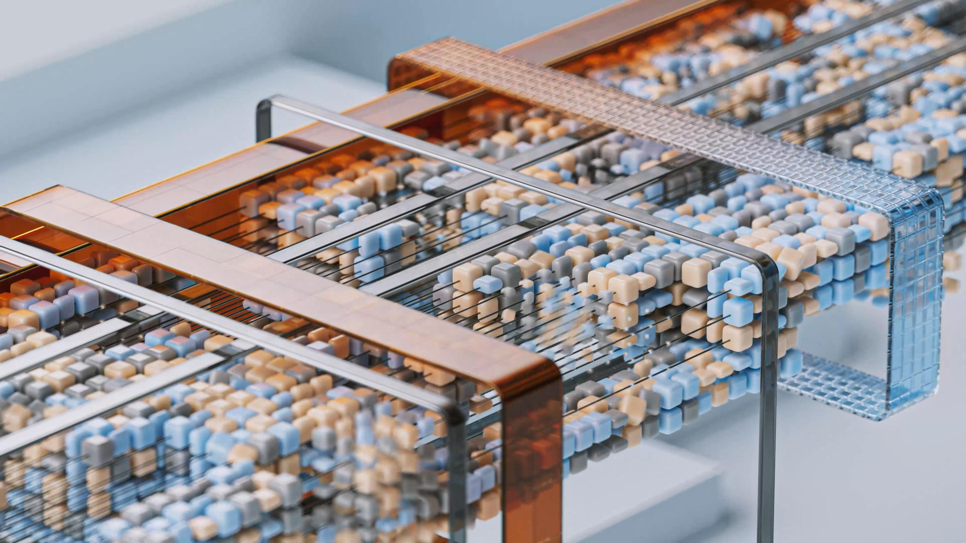 Abstract render of a copper and blue data-centre structure