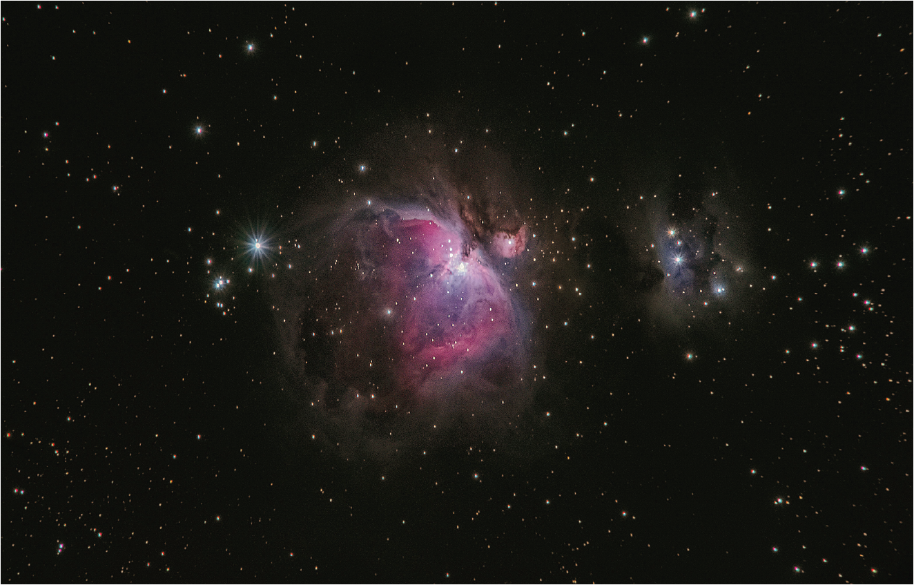 The Orion Nebula, pink and blue gas clouds against a dense star field