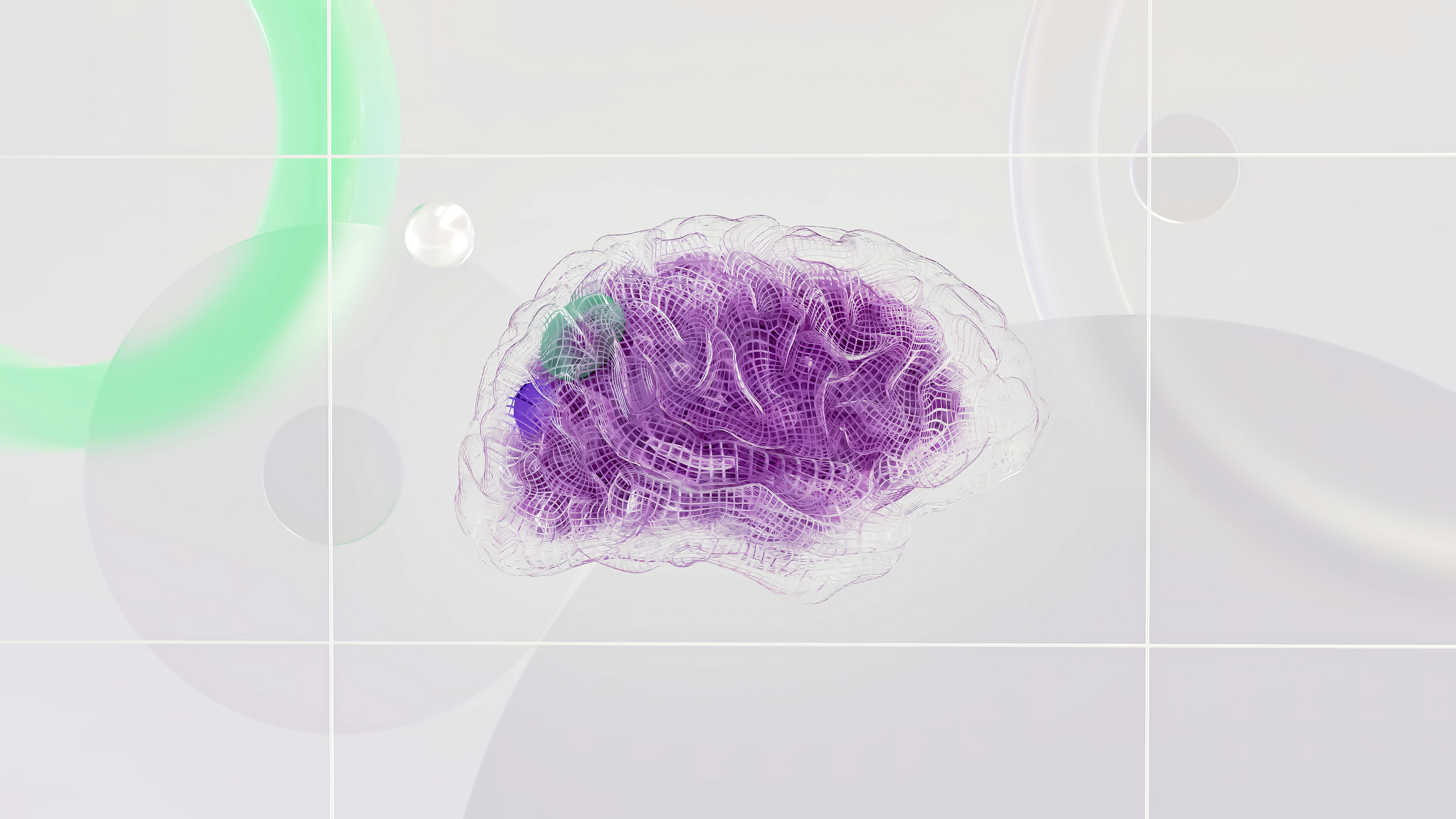 Abstract render of a purple brain-shaped form suspended over a pale grid